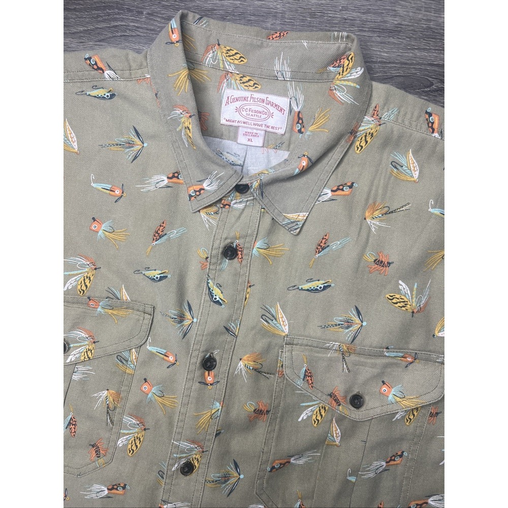 C.C. FILSON ALASKAN GUIDE GREEN LURES FLY FISHING Flies COTTON TWILL SHIRT Sz XL